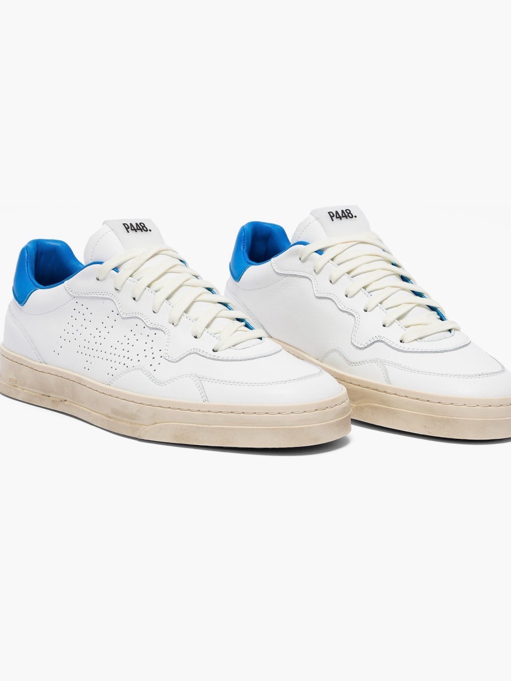 P448 White Leather Sneakers with Blue Heel Collar